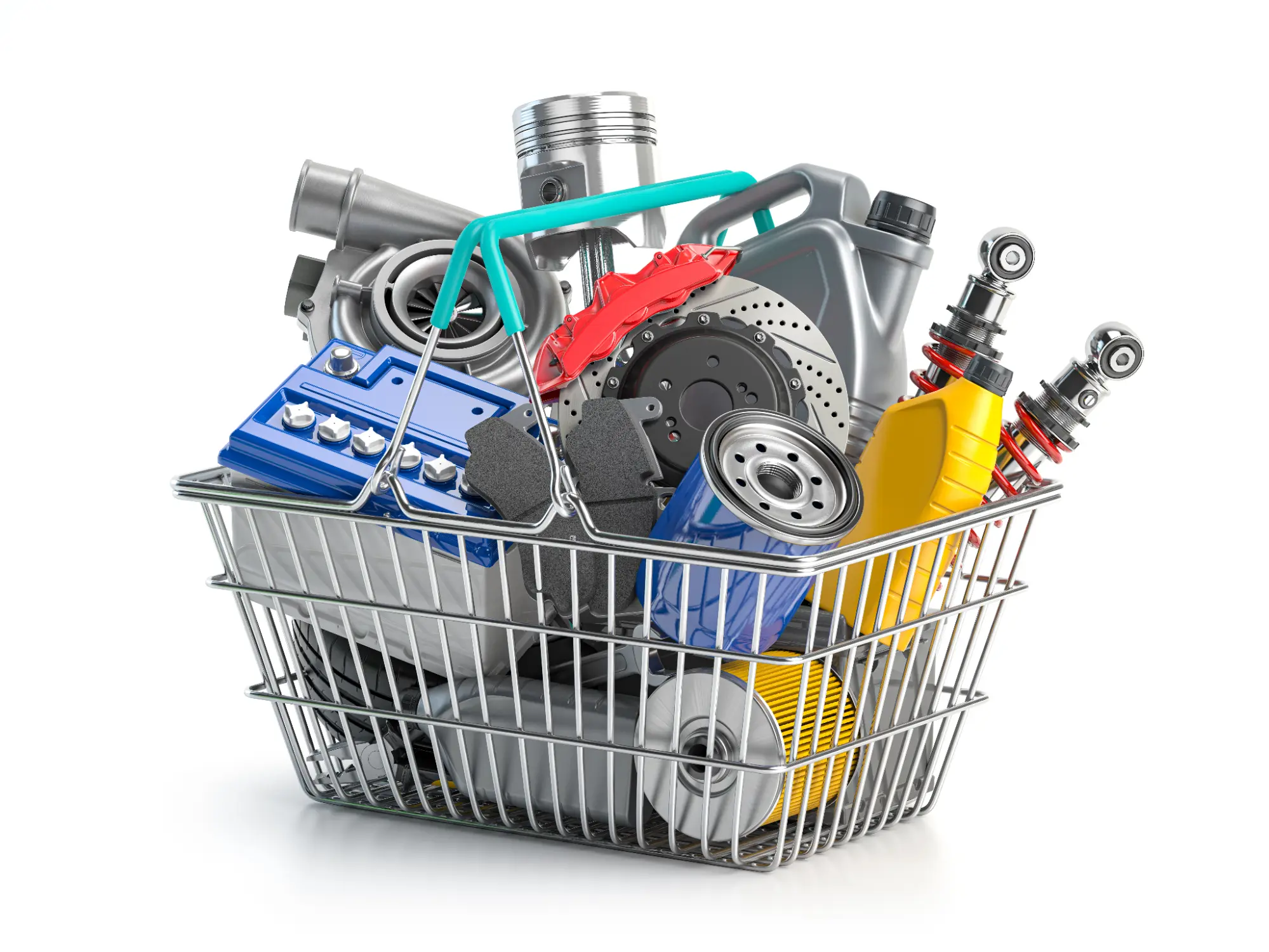 Illustration of car parts in shopping basket